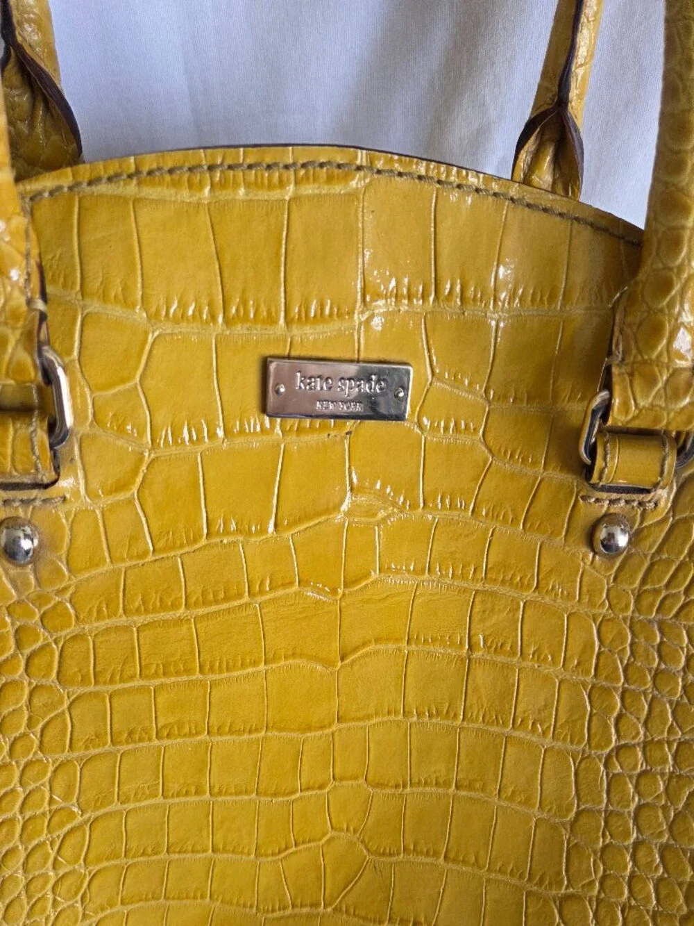 VINTAGE Kate Spade Mustard Yellow Patent Leather Crocodile Embossed Satchel